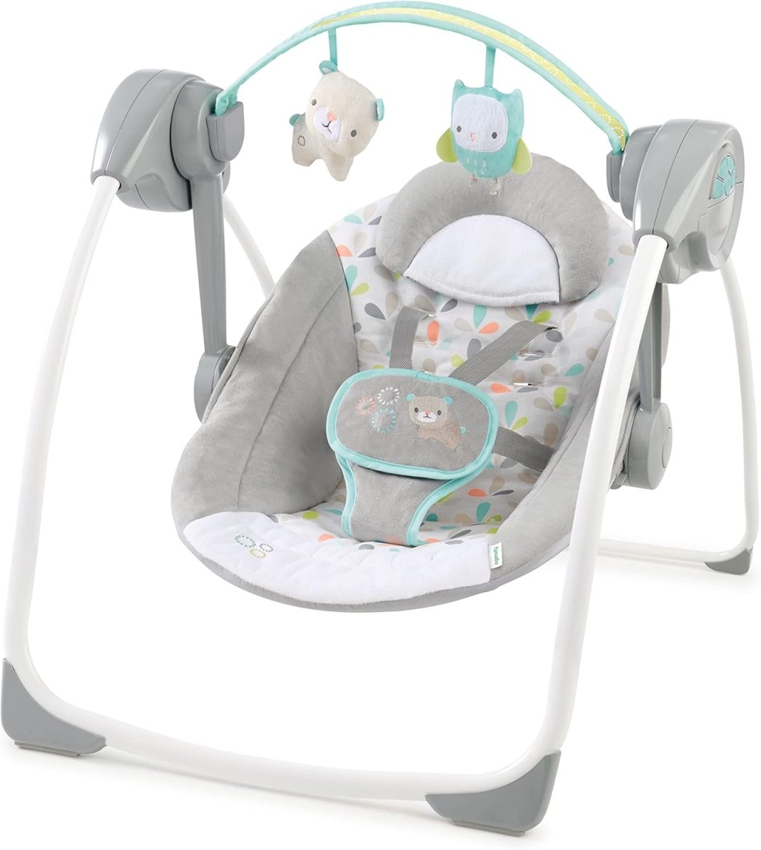 Portable baby swing with gray padded seat, toy mobiles, and safety harness