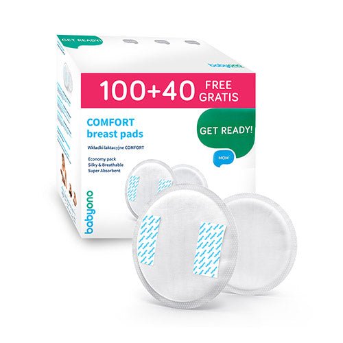 Comfort breast pads pack with 3 white circular pads and teal adhesive strips