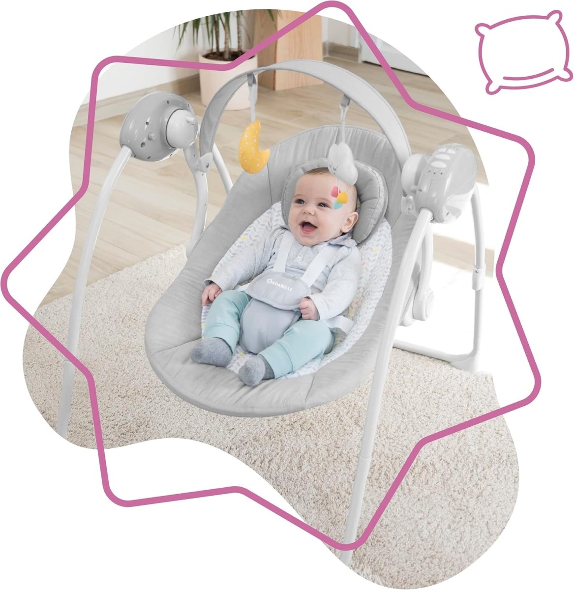 Gray baby hammock swing with hanging toys and a seated baby