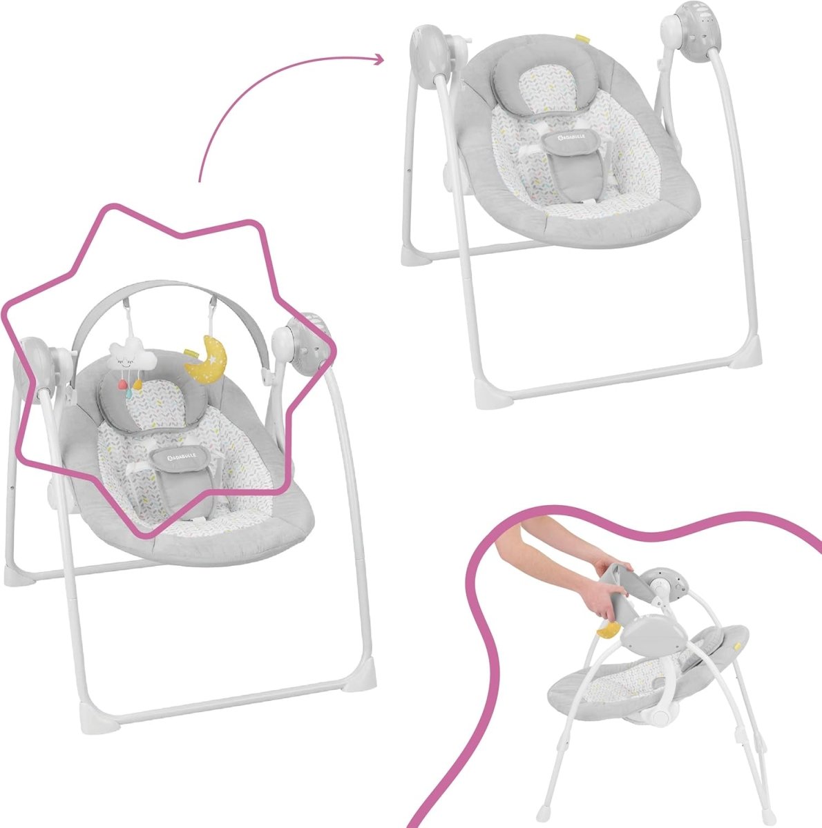 Gray baby hammock swing with seat insert, hanging crescent toy, and motor housings