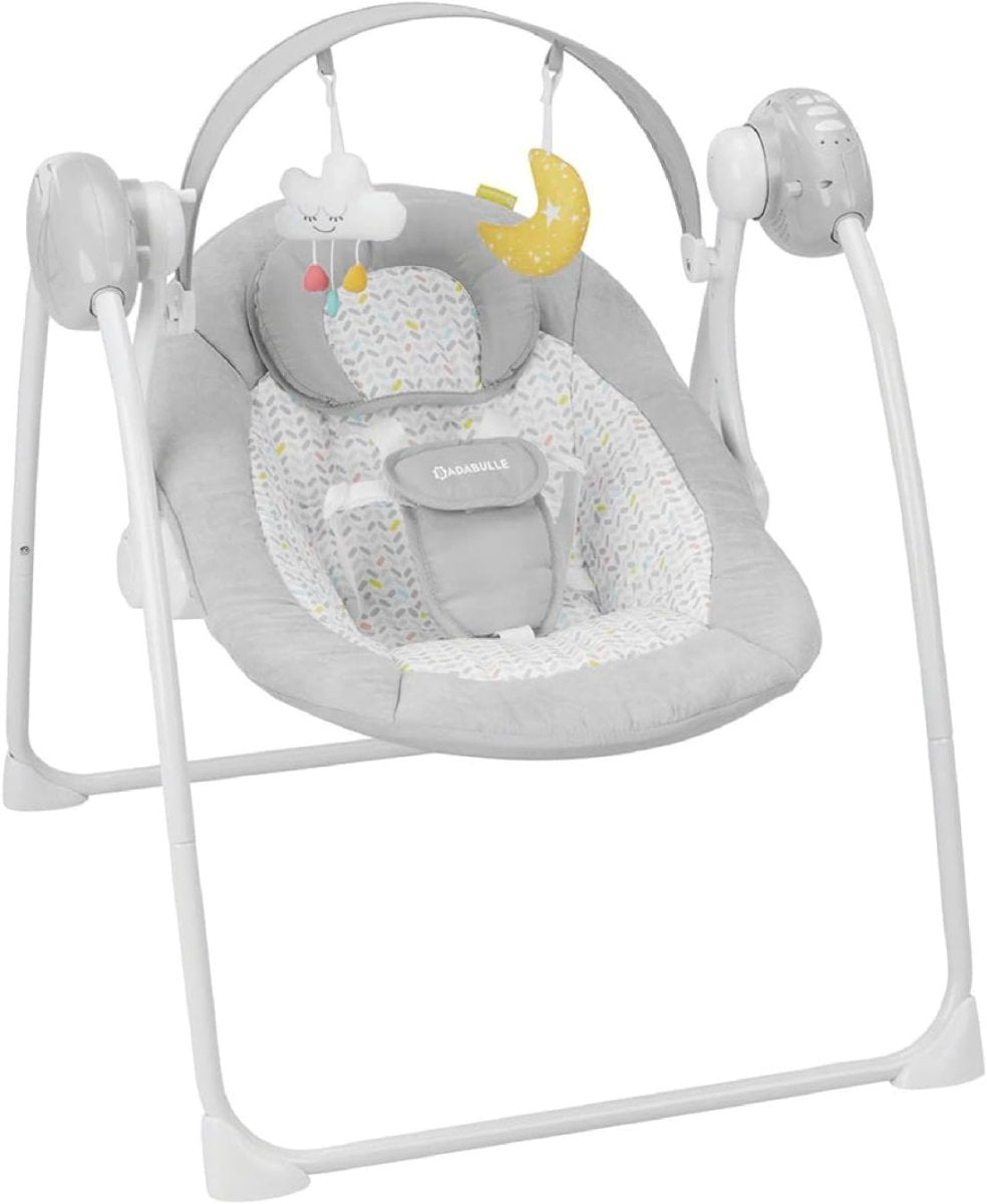 Gray baby hammock swing with seat insert, hanging arch toys, and side motor housings