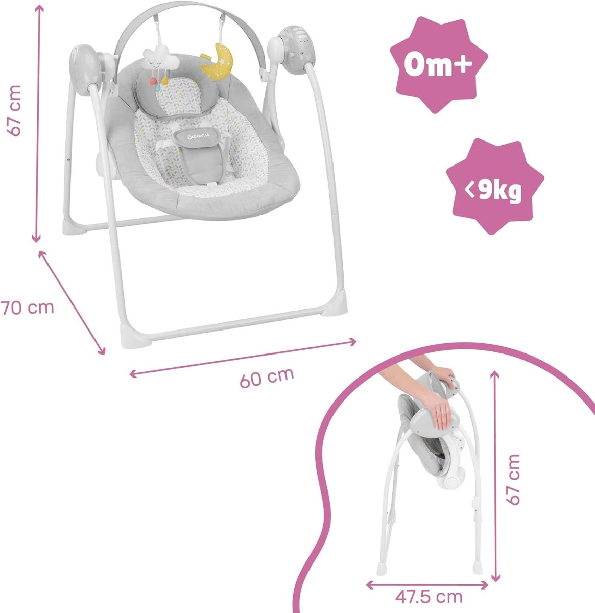 Gray baby hammock swing with hanging toys and side motor units