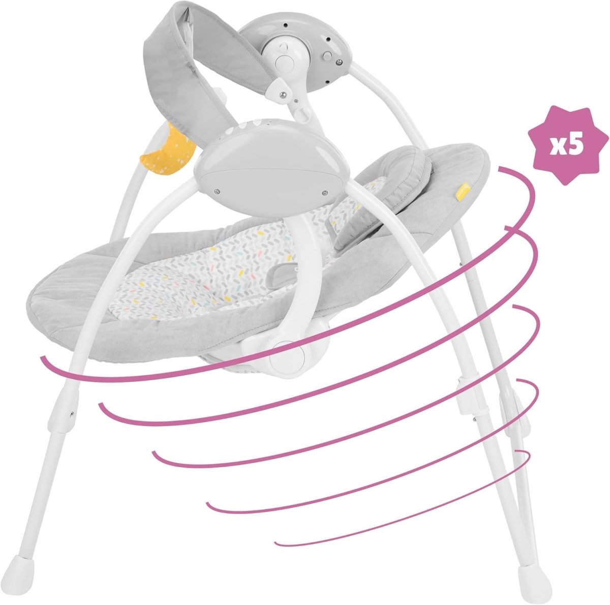 Gray and white baby swing hammock with hanging toys and integrated rocking base