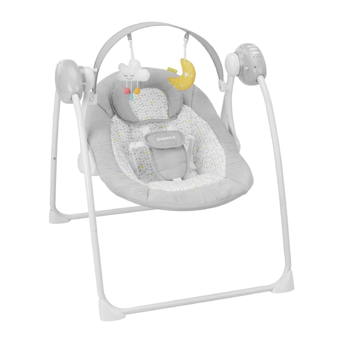 Gray baby comfort hammock with seat insert, arch toys, and two side motor housings