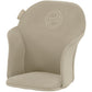Chair inlay cushion, beige textured fabric with circular logo on backrest