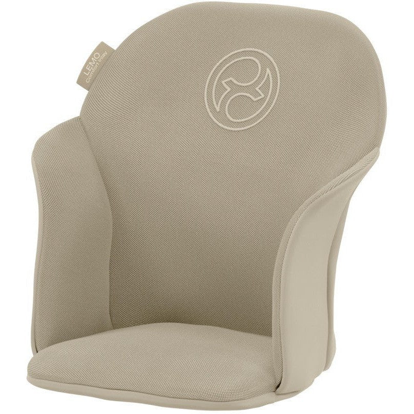 Chair inlay cushion, beige textured fabric with circular logo on backrest