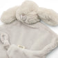Light grey bunny comforter with embroidered nose and belly, soft plush arms and legs.