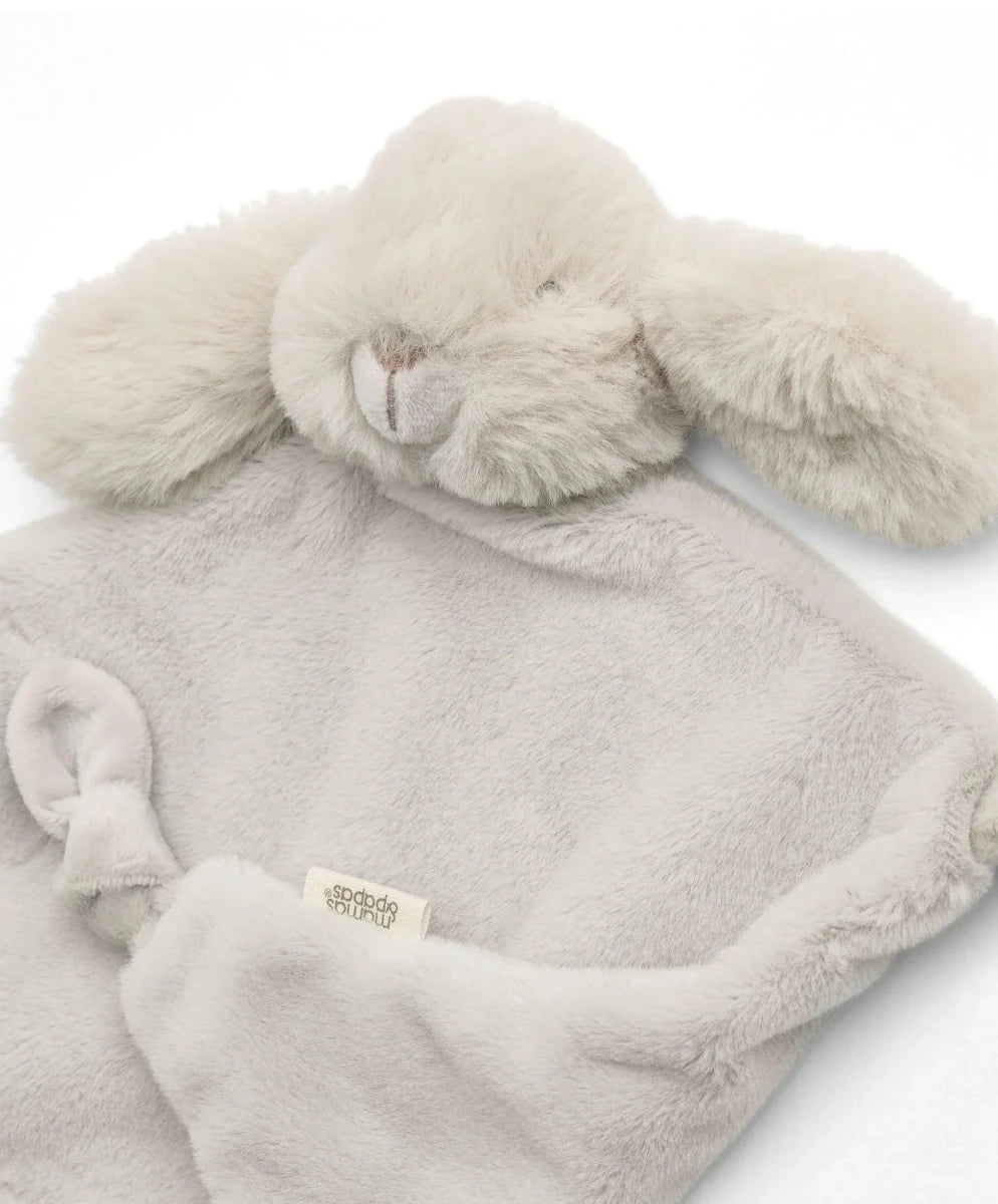 Light grey bunny comforter with embroidered nose and belly, soft plush arms and legs.