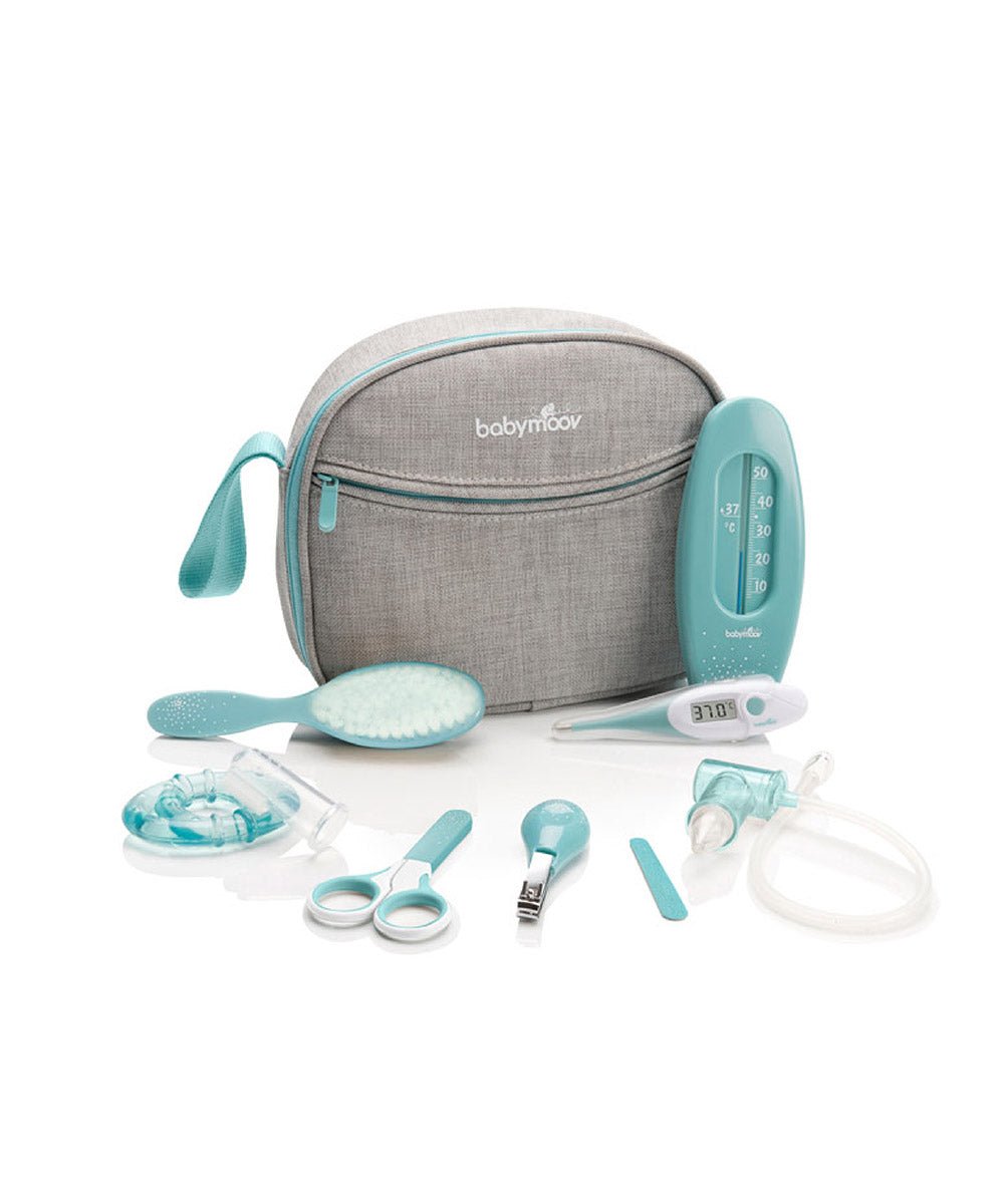 Baby care kit zip pouch set with teal tools, brush, comb, and nail care accessories