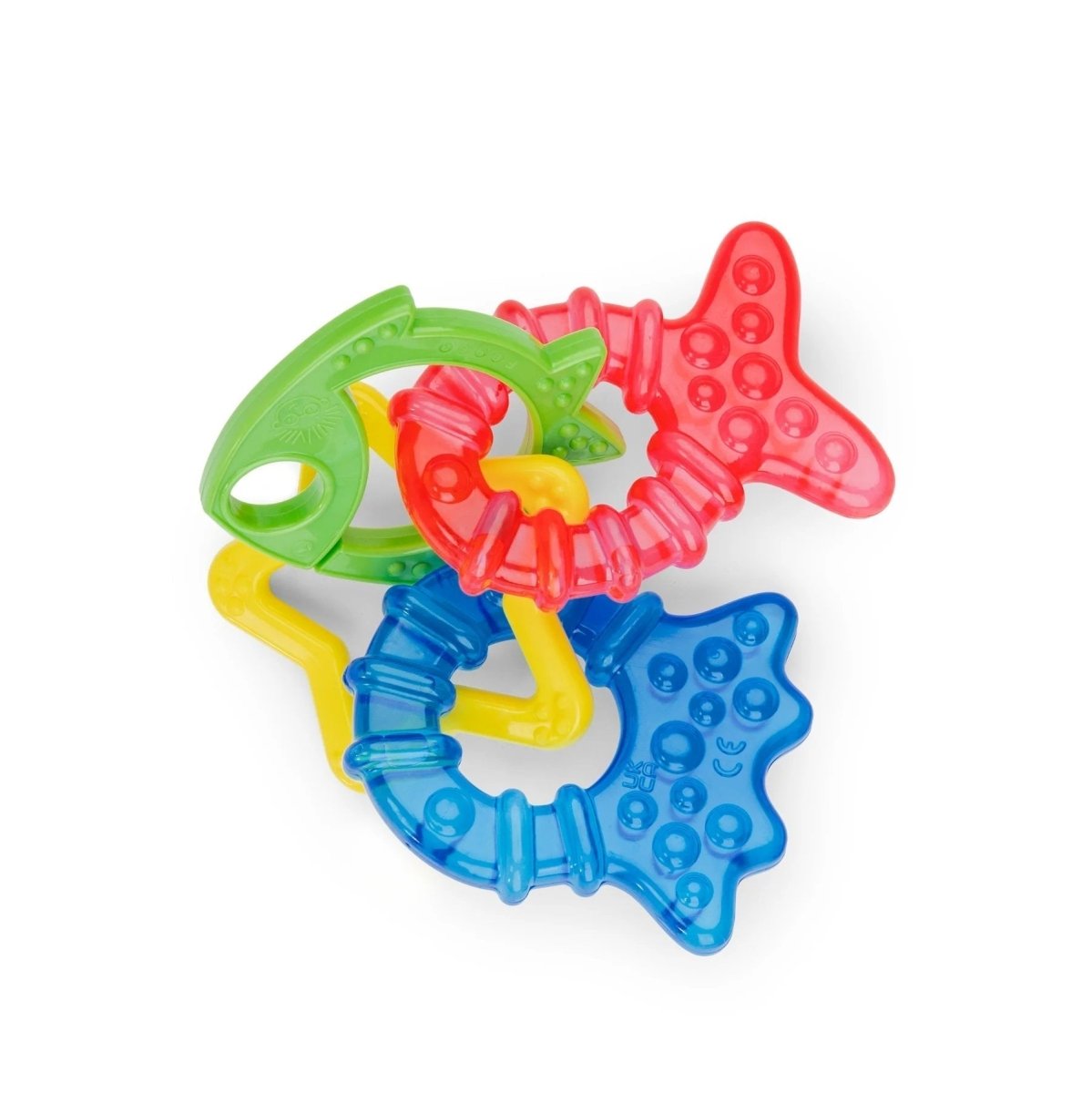 Animal-shaped teether toy set with blue, red, yellow, and green loops