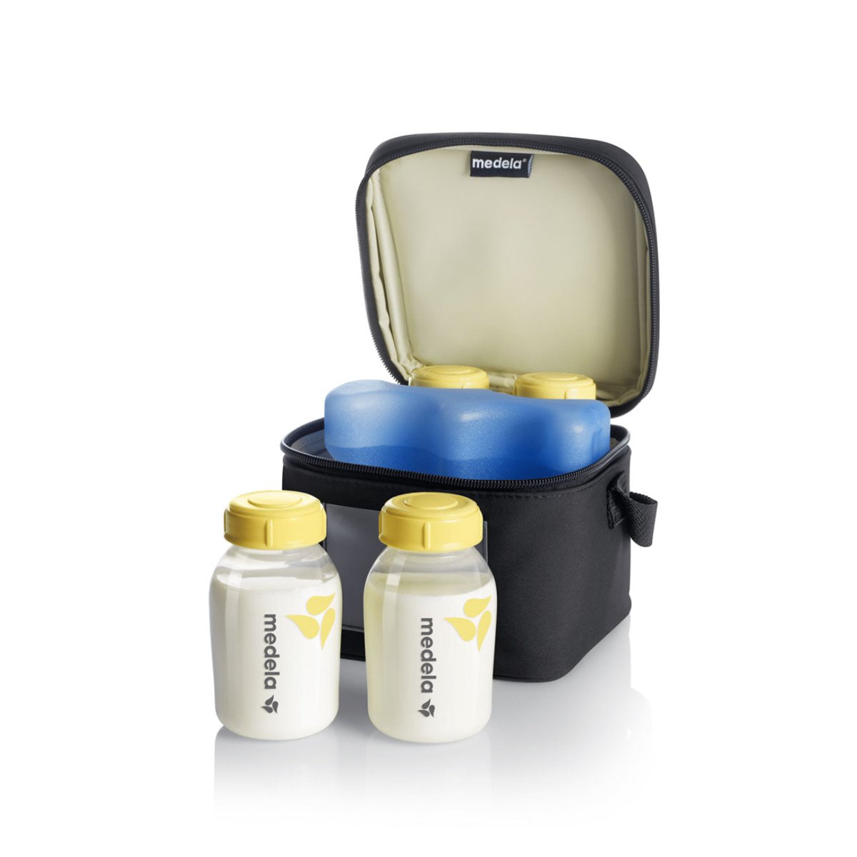 Black cooler bag with zip top, open lid, light interior; two Medela bottles included