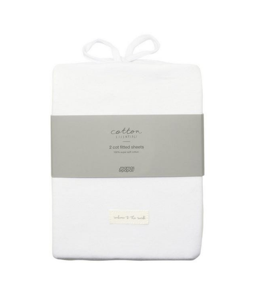 Cotton fitted cot sheet, white, elastic corners, packaged set of 2