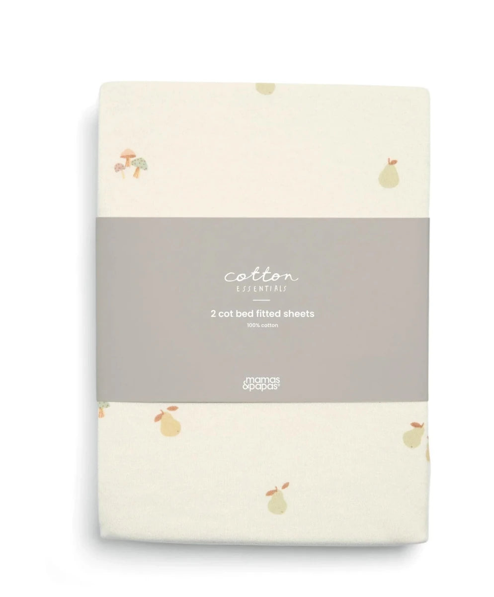 Packaged 2 cot fitted sheets, cream with woodland animal and tree icons