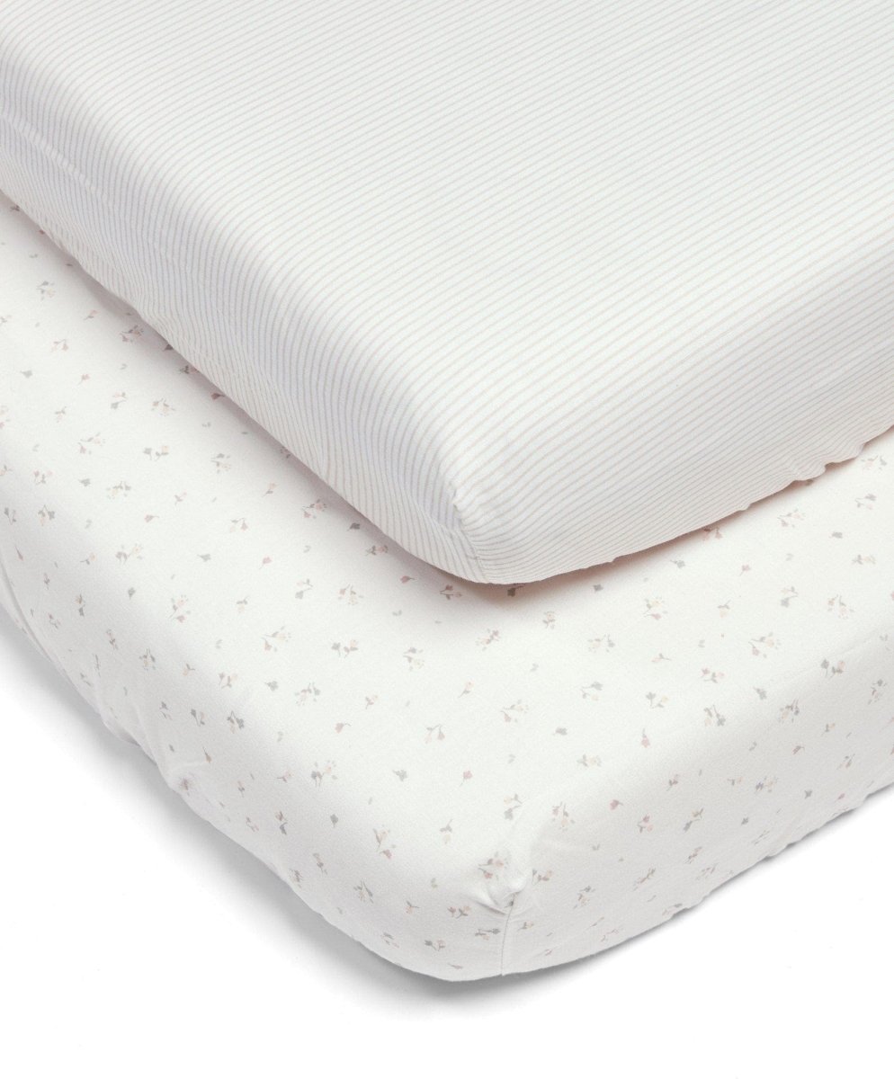Cotbed fitted sheets (2 pack) in light pink with small floral print and elastic corners