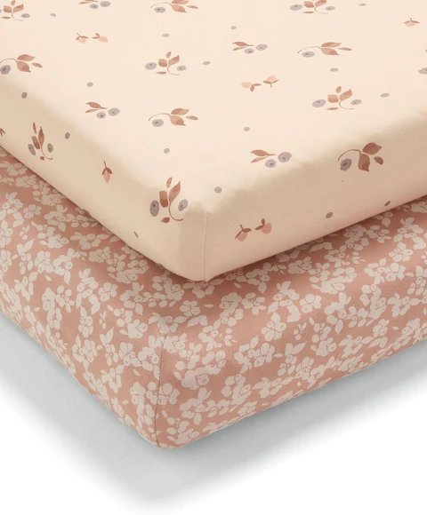 Cotbed fitted sheet, pale pink with small floral and bird pattern; elastic corners