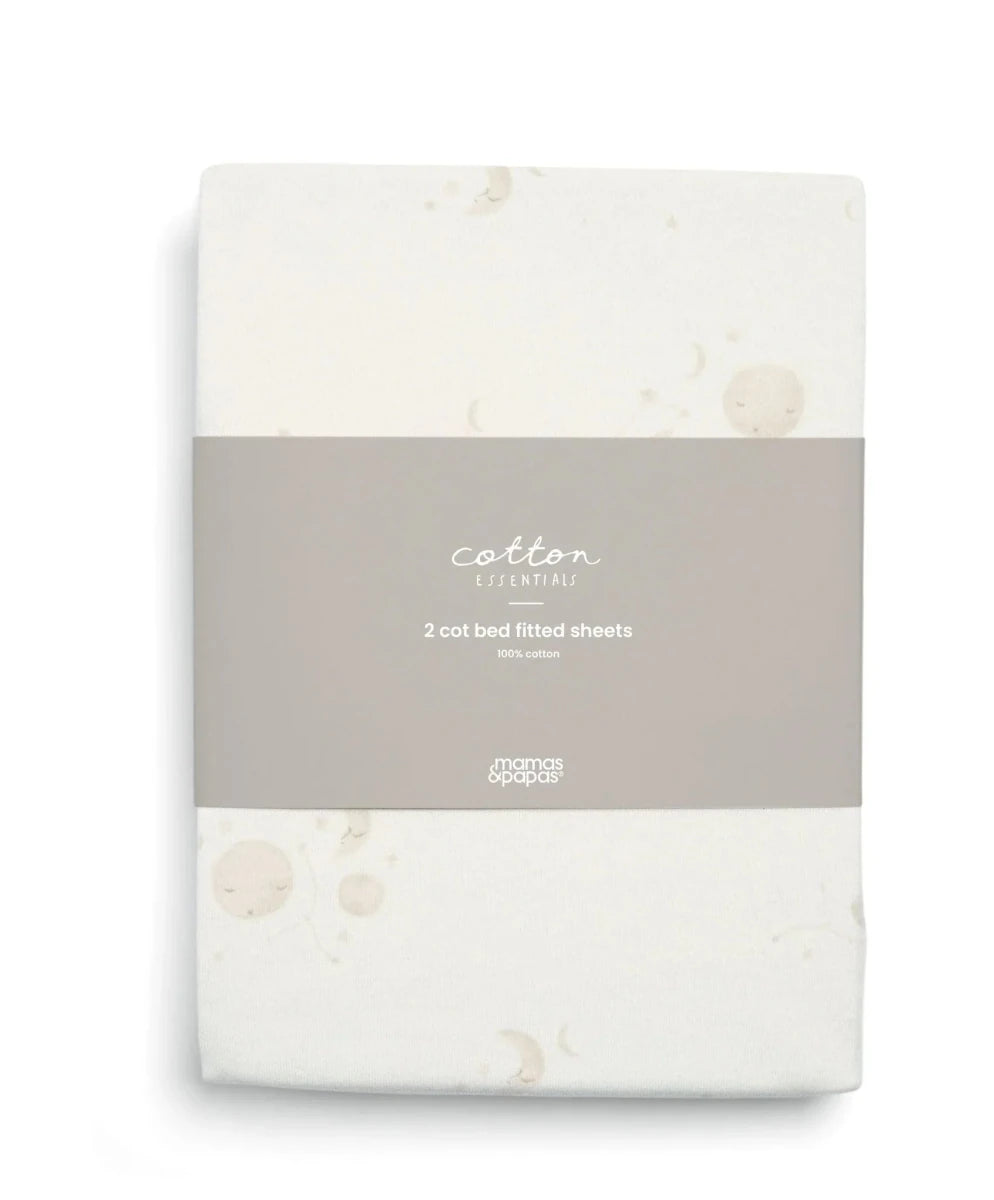 2-pack cotton cotbed fitted sheets in white with small space motifs, in a box