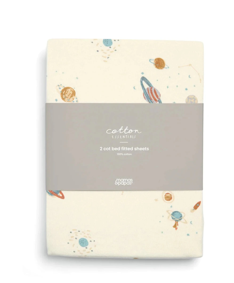 Pack of two cotbed fitted sheets, cream planet print, sealed product box