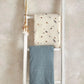 Cotbed fitted sheets, blue and cream star-print, fitted corners