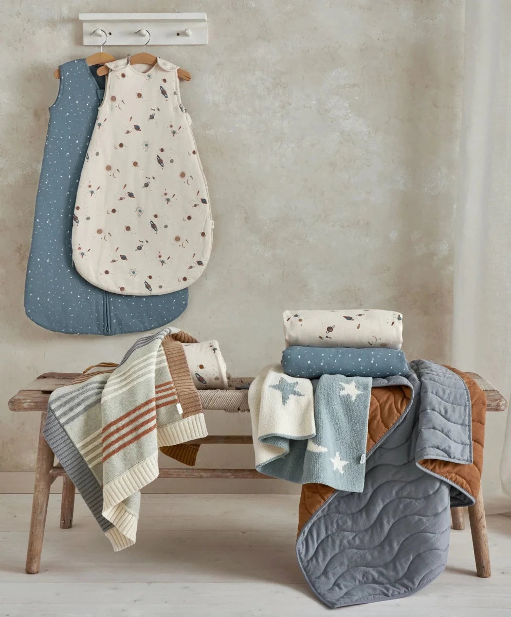 Cotbed fitted sheets set, blue star and cream space prints, folded pack of two