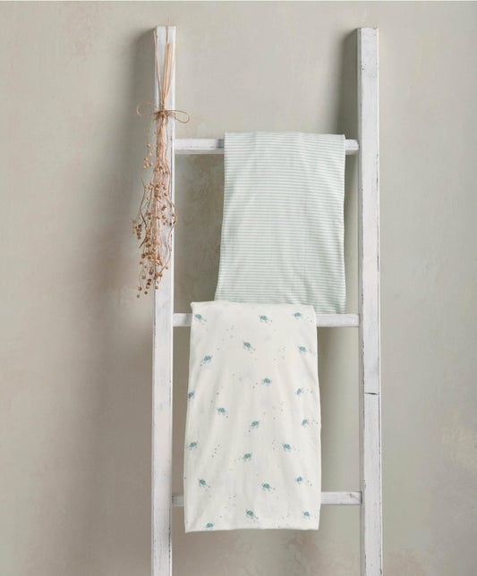 Cotbed fitted sheets pack of 2, striped and turtle-print fitted sheets