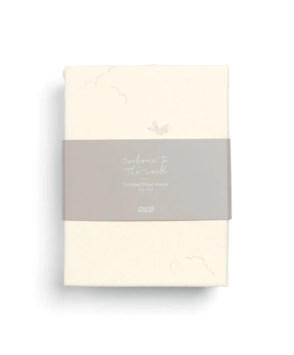 Cream cot fitted sheet pack of 2 in retail wrap, cloud motif design