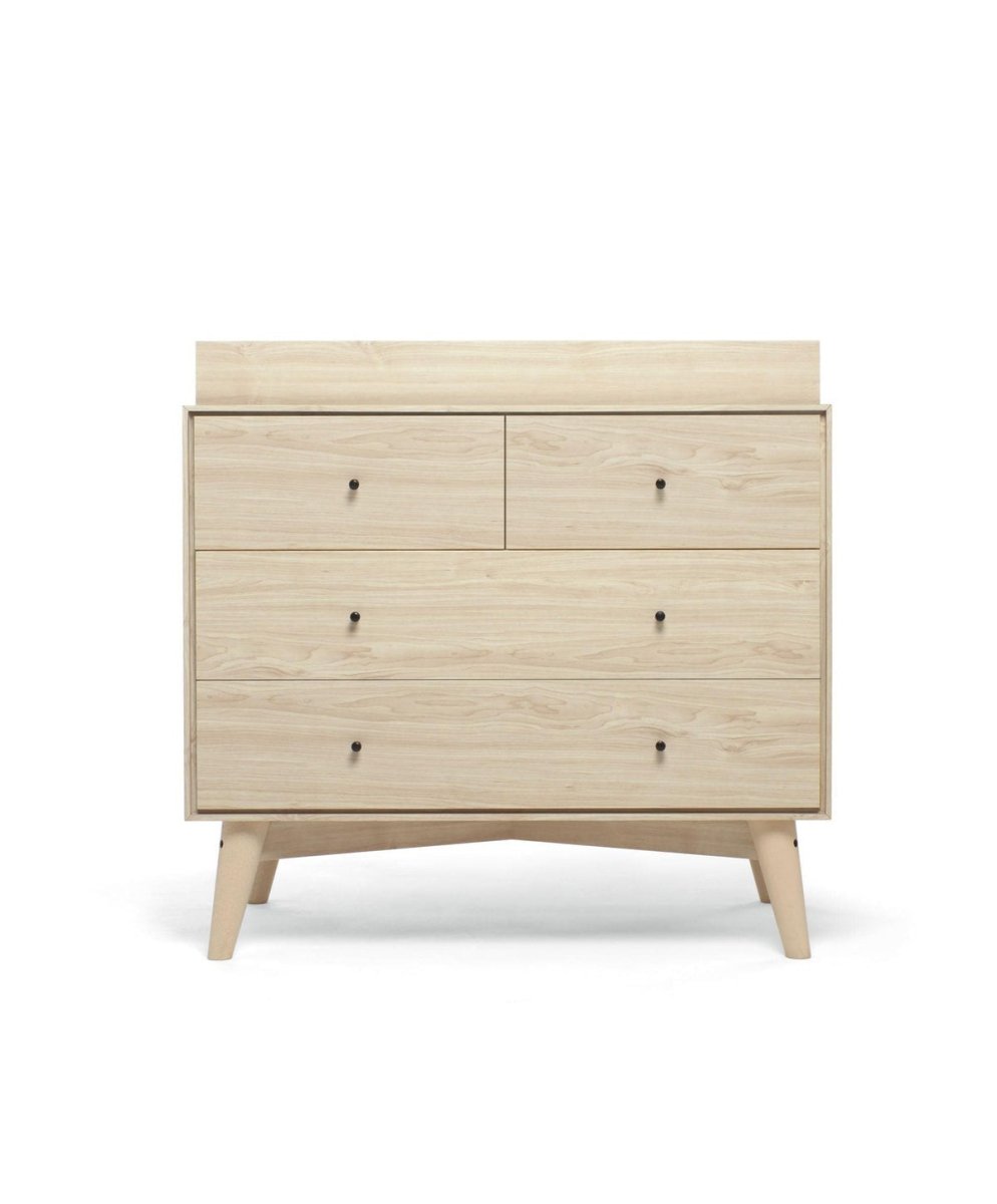Nursery dresser changer front view in natural wood with four drawer fronts and legs