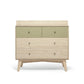 Nursery dresser changer front view with olive green top drawers and natural wood lower drawers