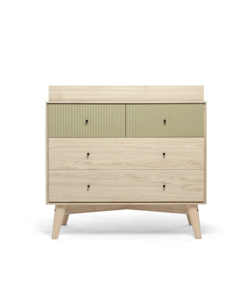 Nursery dresser changer front view with olive green top drawers and natural wood lower drawers