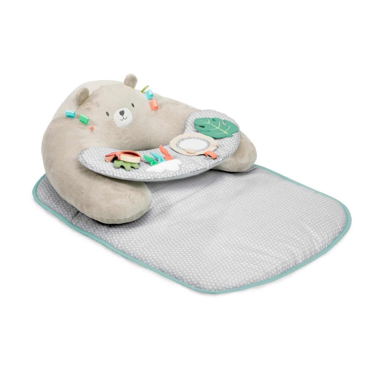 4-in-1 activity mat with bear plush headrest and sensory toys, gray and mint