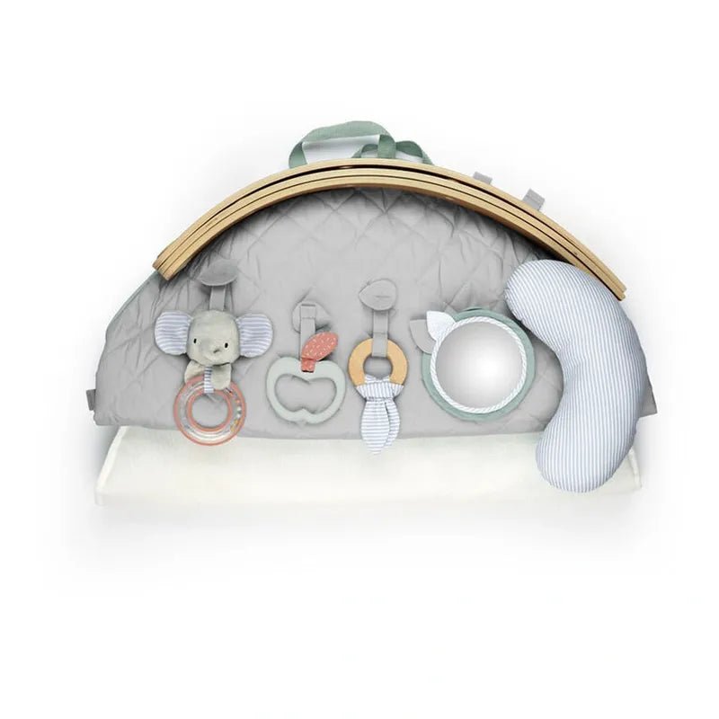 Soft activity gym play mat with arch and hanging plush toys, gray and blue tones
