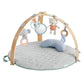 Quilted activity gym play mat with wooden arch and hanging animal toys, light gray
