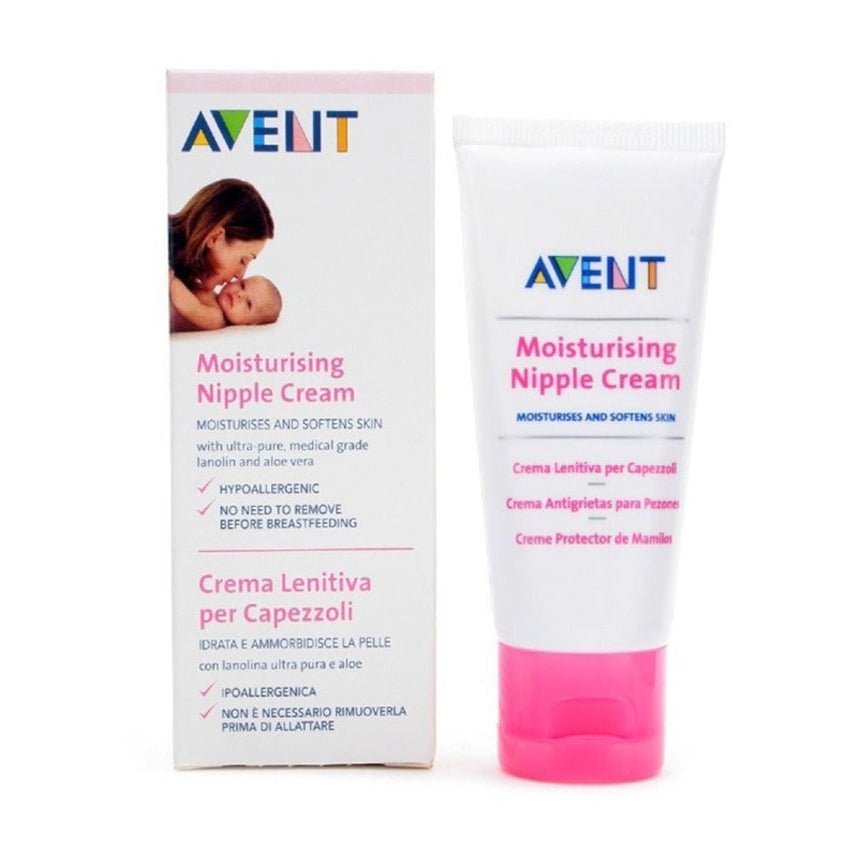 Sensitive nipple cream tube and carton, white with pink AVENT branding