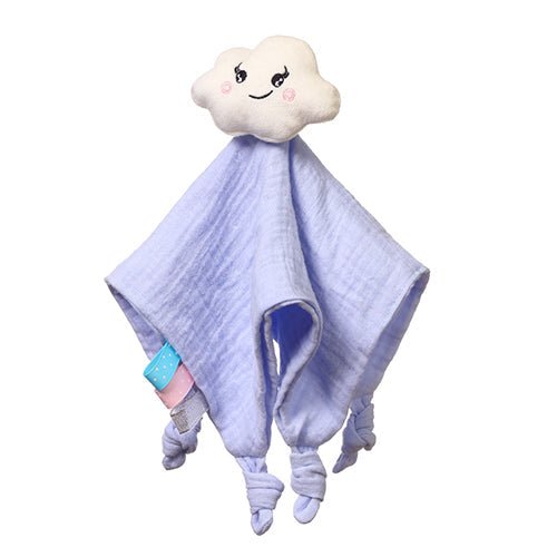 Plush cloud cuddly toy with smiling face attached to a light-blue swaddling blanket