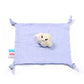 Plush light-blue cloud cuddly toy with smiling face on a tied comforter blanket