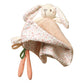 Plush bunny toy with speckled ear fabric and beige body, green ribbon bow detail.