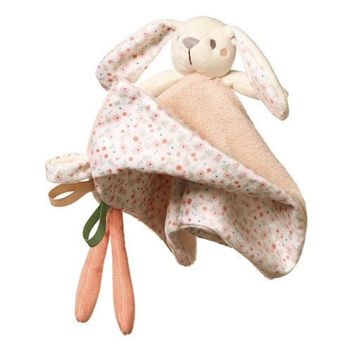 Plush bunny toy with speckled ear fabric and beige body, green ribbon bow detail.
