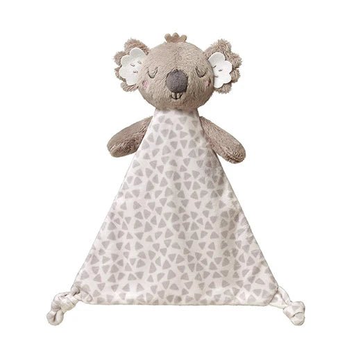 Koala plush comforter with gray head and triangular-patterned fabric