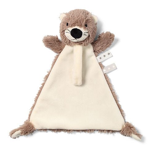 Plush otter pacifier-holder cuddly toy, cream blanket with brown ears and paws.