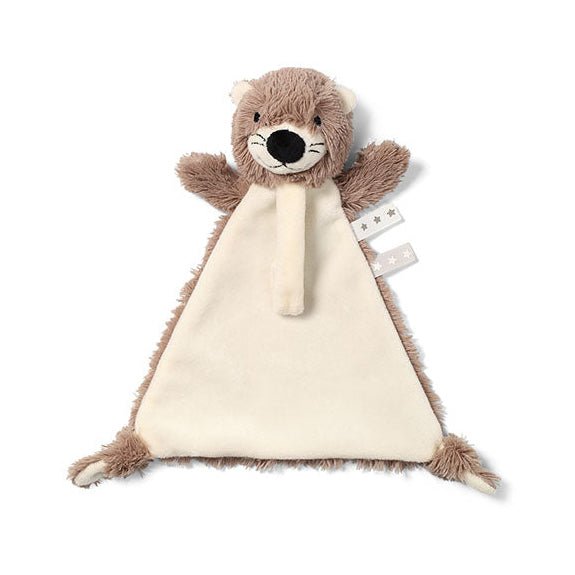 Plush otter cuddly toy with pacifier holder, cream body and brown face, soft fabric.
