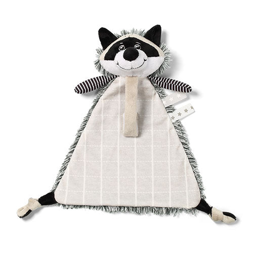Raccoon plush baby toy with pacifier holder, white hooded body and striped scarf