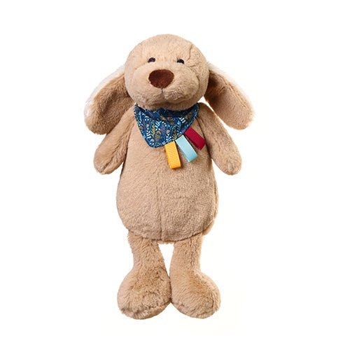 Plush dog toy with beige fur, blue bandana, and ribbon tag