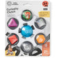 Sensory clutch toy package showing blue spinner and character button with textured sides