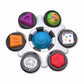 Sensory clutch toy with six textured snap buttons, including blue spinner and orange face