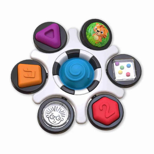Sensory clutch toy with six textured snap buttons, including blue spinner and orange face