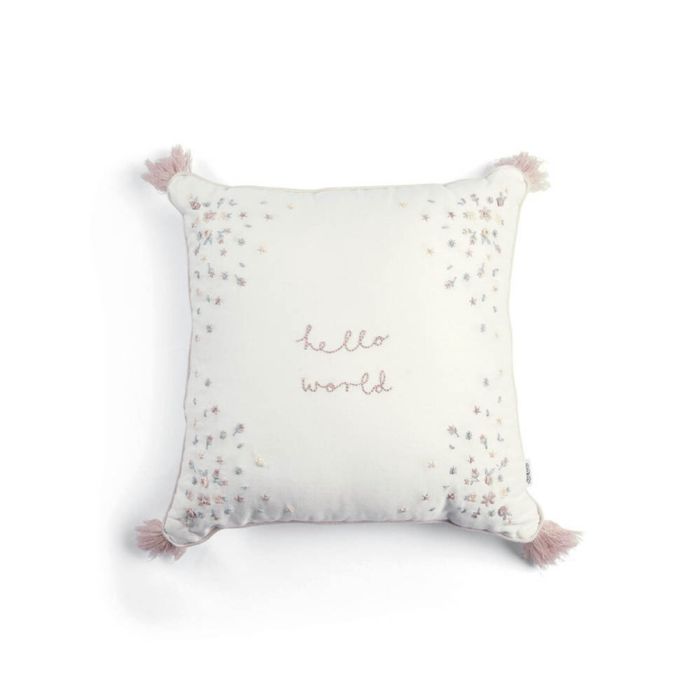 Square decorative cushion with 'hello world' embroidery, small floral print, corner tassels