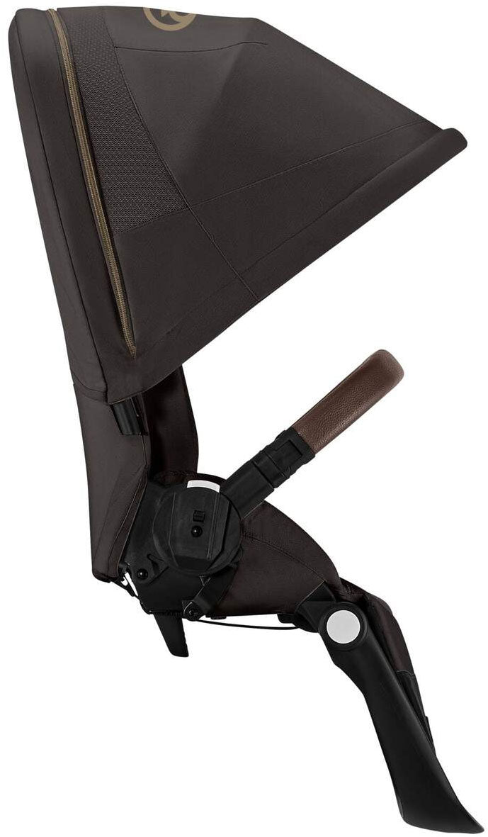 Chocolate brown stroller seat with canopy and foldable side support, side view