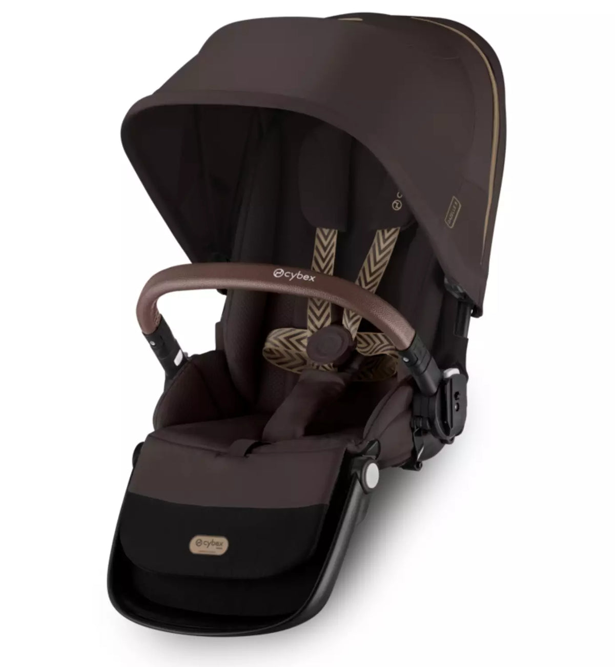 Chocolate brown stroller seat with canopy and safety harness, front view