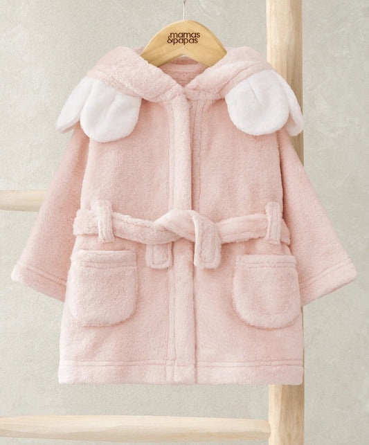 Pink hooded dressing gown with plush belt tie and large pocket details