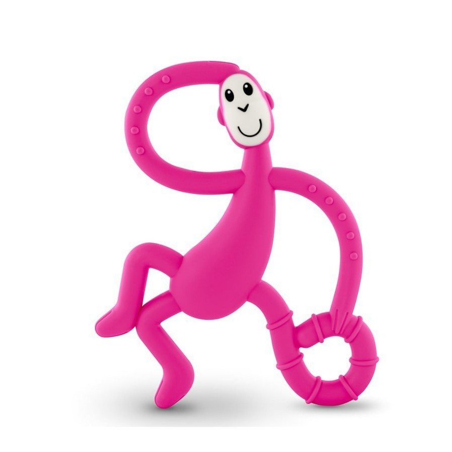 Fuchsia pink monkey teething toy with smiling face and ring handles.