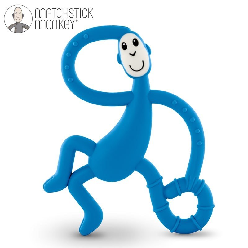 Blue dancing monkey teething toy with circular bite rings.
